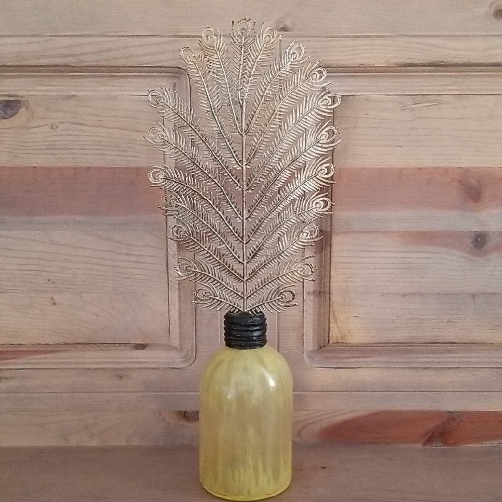 Pottery Barn painted bottle with plume finial